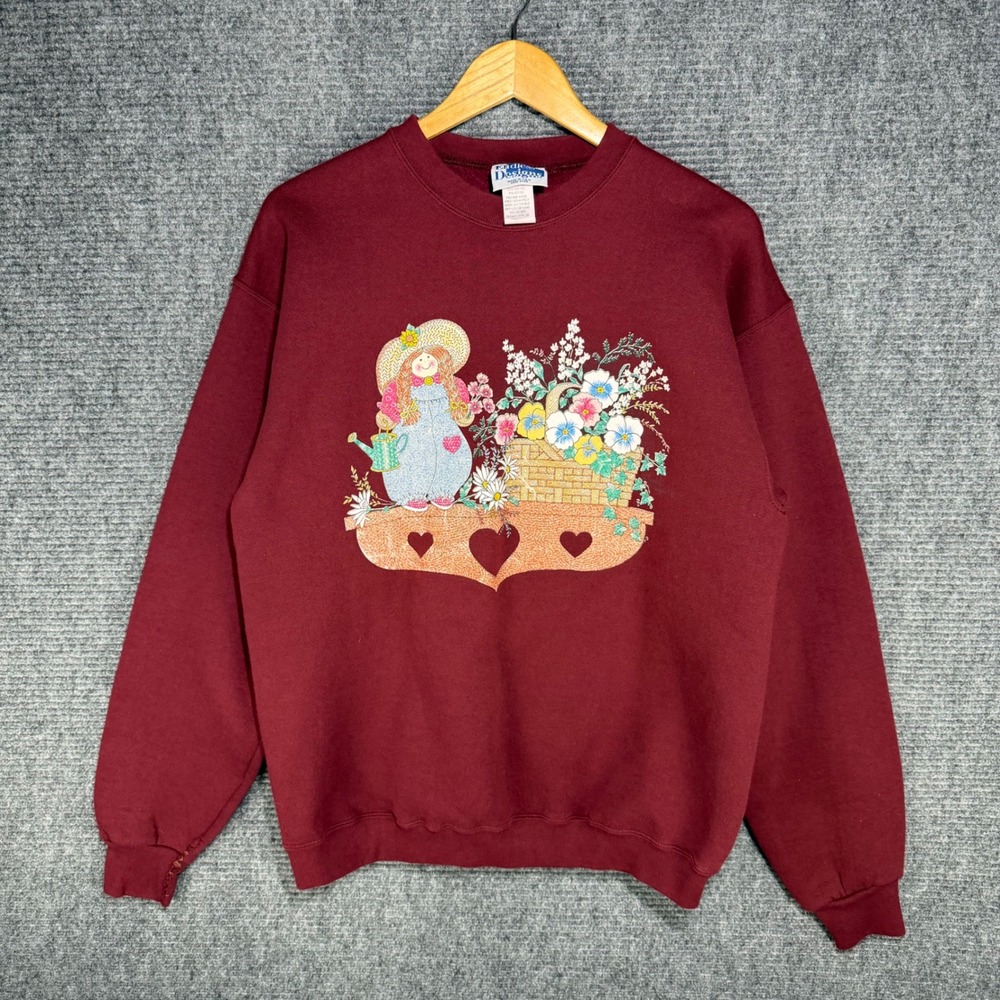 Vintage Endless Designs Sweatshirt Large Maroon Gardening Girl Cottagecore USA